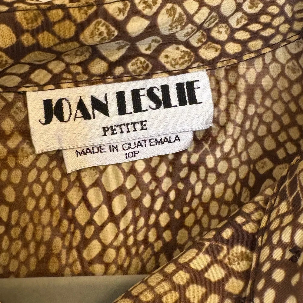 Vintage Joan Leslie Snake Print Button Down Blouse Brown Animal Print Top 10P
